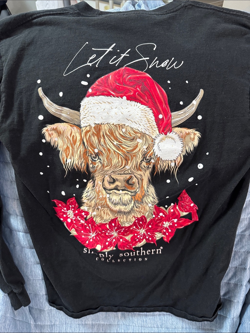 Simply Southern Black Tee with Red Santa Hat Highland Cow